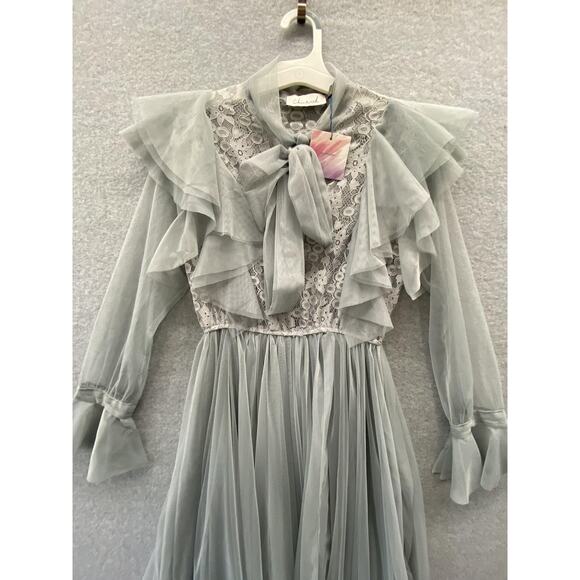 Chicwish Dress Womens Small Sage Gray Lace Ruffle Mesh Coquette Fairy Bow Midi - Picture 3 of 5